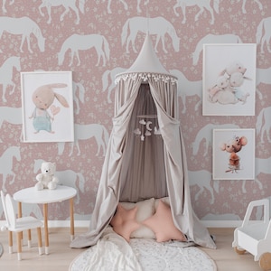 White Horses Removable Wallpaper, Wild Horse Peel and Stick Mural, Pink and White Floral Accent Wall, Neutral Animal Wall Covering, 022