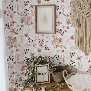 Pink Bloom Removable Wallpaper, Girl Floral Nursery Peel and Stick, Watercolour Boho Botanical, Vintage Blush, Kids Flowers Accent Wall, 036