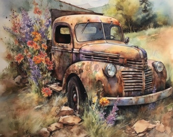 Rustic Truck & Flowers Art Print: Vintage Farm Truck Clipart (Digital Download)