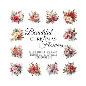 Clipart de flores de Natal - 12 JPGs de alta qualidade | Impressão digital | Arte de parede | Artesanato de papel | Uso Comercial | Clip-Art| Criação de cartões