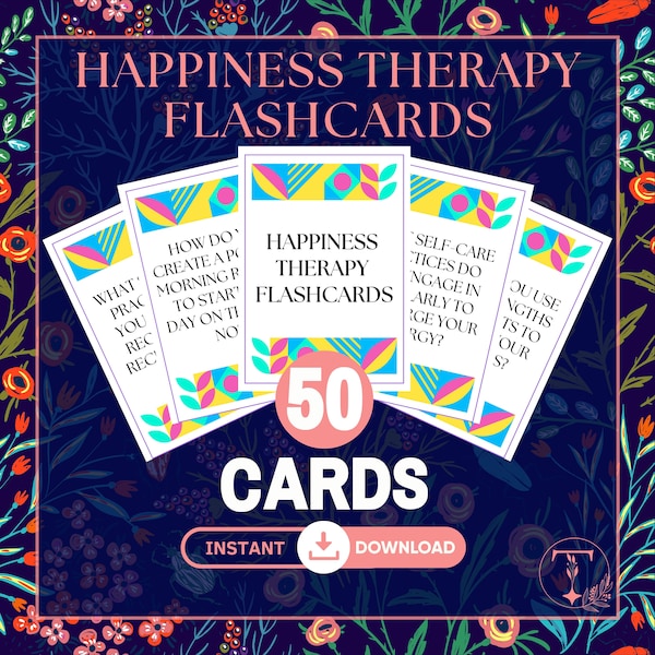 Happiness Therapy Flashcards - Set of 50 Uplifting Questions to ask yourself daily to boost your happiness and well-being.