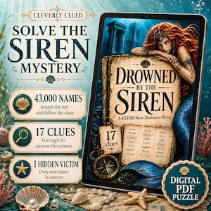 Puede incluir: Un rompecabezas digital titulado Solve the Siren Mystery en una tableta que muestra Drowned by the Siren. La imagen incluye una sirena pelirroja, una lista de 43.000 nombres, 17 pistas y una víctima oculta. Texto: 43.000 Names, 17 Clues, 1 Hidden Victim.