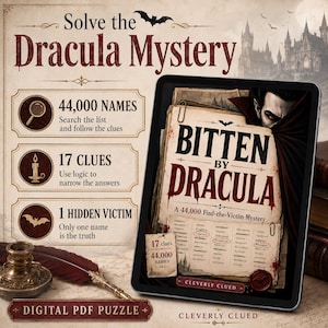 Op de afbeelding: Een digitale PDF-puzzel getiteld Bitten by Dracula, met een vampierillustratie, een lijst van 44.000 namen en 17 aanwijzingen. De afbeelding bevat tekst over het mysterie, een vergrootglas, een kaars en een vleermuis op een perkamenten achtergrond.