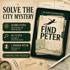 Peut inclure: Un puzzle mystère numérique au format PDF intitulé Find Peter affiché sur un écran de tablette. Le jeu comprend 18 900 villes, 16 indices et un personnage caché. L'écran présente une interface sur le thème des cartes avec une silhouette.
