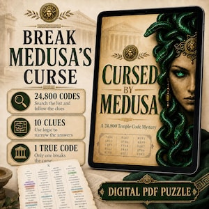 May include: A digital tablet displaying a puzzle titled Cursed by Medusa, featuring an illustration of Medusa with green snakes and glowing eyes. The screen shows text, a list of codes, and a temple graphic. A paper list of codes sits below the tablet.