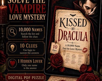 Baciato da Dracula: puzzle logico gotico sui vampiri in PDF / Trova l'amante misterioso con 10.000 nomi / Gioco investigativo stampabile