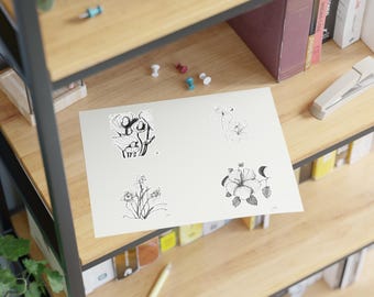 Botanical Art Sticker Sheets, Hand-Drawn Garden Flower Line Drawings