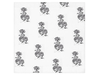 May include: A white background with a repeating pattern of black and white floral illustrations. The flowers are stylized and resemble roses.