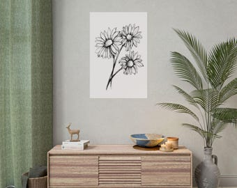 Daisies Line Drawing Print, Minimalist Black White Floral Wall Art Poster