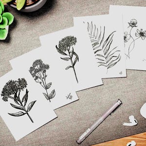 Grußkarten-Set, Botanische Kunst, Gartenlinienzeichnungen, 5er-Pack, Pflanzenillustrationen, Blumenhinweiskarten, minimalistische Tintendesigns