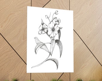 Bloementekening in inkt, botanische wanddecoratie, matte poster