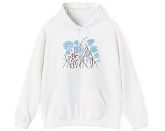 May include: White hooded sweatshirt with a front pocket and a drawstring. The front of the sweatshirt features a watercolor design of light blue flowers and brown stems. The design is centered on the chest.