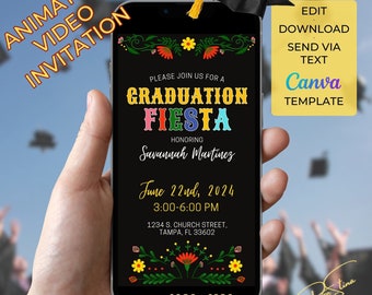 Graduation Fiesta Invitation 2024, Animated, Digital Canva Design Template, Personalize Invite, Fiesta Theme Party, Free Templates Included