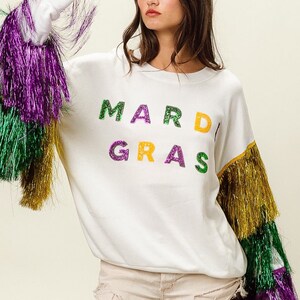 Fringe Sleeve Mardi Gras Top, Mardi Gras Sweater, Mardi Gras Tops