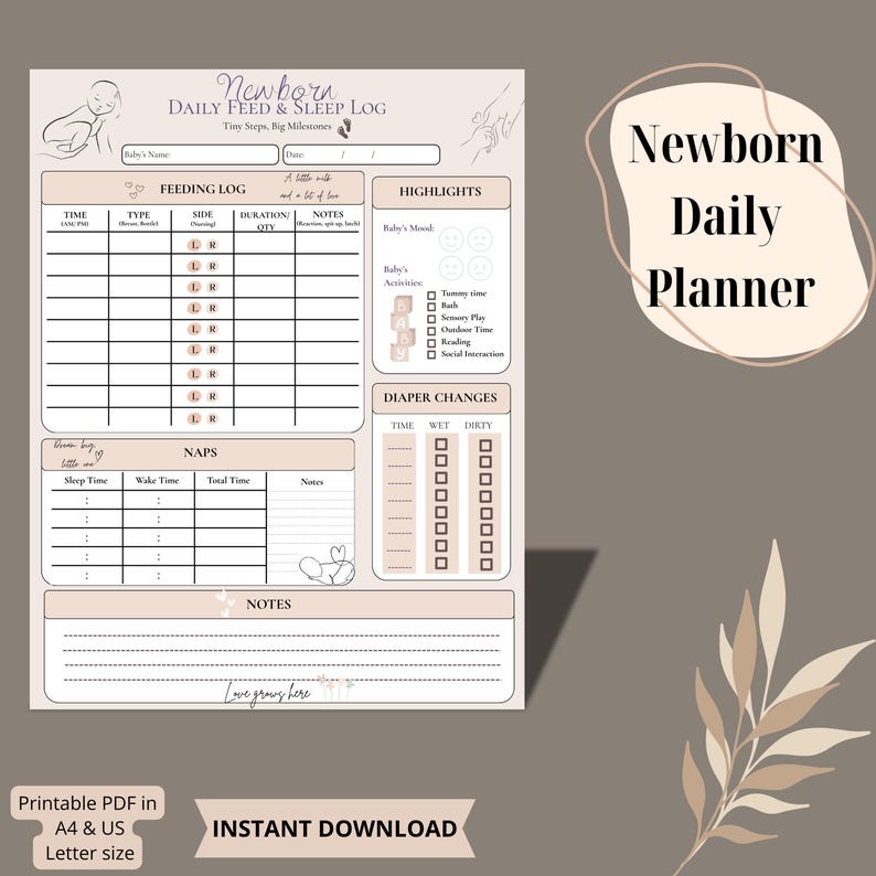Daily Routine Drawings Hand Drawings Minimalist Daily Planner Printable Newborn Daily Tracker Baby Feed ...