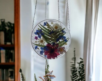 gebrandschilderd glas geperste bloemen, gedroogde bloemen voor de muur, botanische decoratie cadeau voor haar, botanische kunst, klaprozen, varens, wilde bloemen