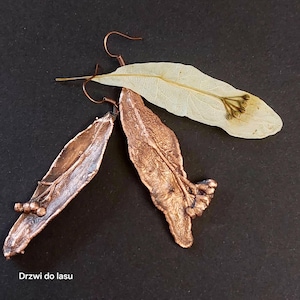 May include: Copper-colored leaf-shaped earrings with a detailed vein pattern, alongside a dried leaf. The earrings have a hook closure. The text "Drzwi do lasu" is visible in the bottom left corner. The background is black.
