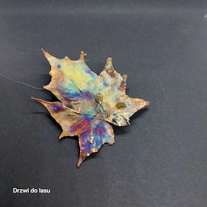 Pode incluir: Uma folha de bordo metálica com cores iridescentes, incluindo azul, verde, dourado e vermelho. A folha está sobre um fundo cinza escuro.