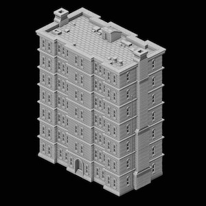 Op de afbeelding: Een grijs, meerlaags gebouwmodel met een gedetailleerde gevel, ramen en een getextureerd dak. Het gebouw heeft een rechthoekige vorm en lijkt een miniatuur architectonisch stuk te zijn, mogelijk voor een tabletopspel of display.
