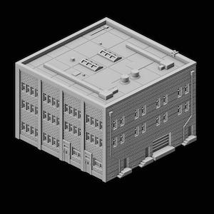 Op de afbeelding: Een grijs bakstenen gebouw met meerdere ramen en een plat dak. Het gebouw heeft een garagedeur op de begane grond en een reeks ventilatieopeningen op het dak.