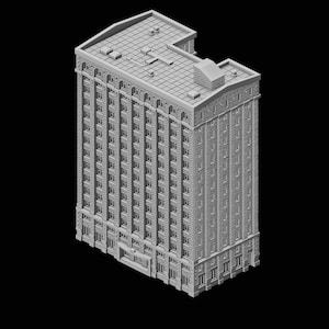 Op de afbeelding: Een gedetailleerd, grijstinten architectuurmodel van een hoog gebouw met veel ramen en een plat dak. Het gebouw heeft een klassiek ontwerp met decoratieve elementen en staat tegen een zwarte achtergrond.