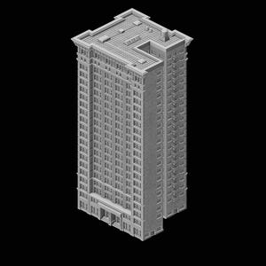 Op de afbeelding: Een gedetailleerde, isometrische weergave van een hoge, grijze wolkenkrabber tegen een zwarte achtergrond. Het gebouw heeft veel ramen en een plat dak met architectonische details. Het ontwerp is symmetrisch en modern.