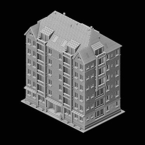 Op de afbeelding: Een grijs 3D-model van een meerverdiepings appartementencomplex met een zadeldak en meerdere ramen. Het gebouw heeft een gedetailleerde gevel met balkons en decoratieve elementen.