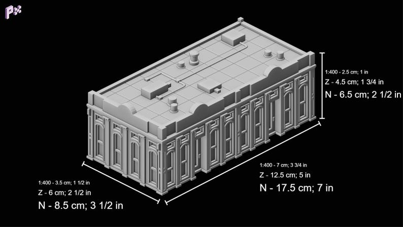 Pu&ograve; includere: Un modello 3D stampato in grigio di un edificio con un tetto piatto e pi&ugrave; finestre. Il modello &egrave; lungo 17,5 cm, largo 12,5 cm e alto 8,5 cm.