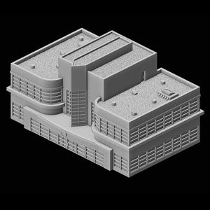 Op de afbeelding: Een grijs, modern gebouw met een plat dak en meerdere ramen. Het gebouw heeft een uniek architectonisch ontwerp met een reeks terugspringende gevels en een centrale binnenplaats.