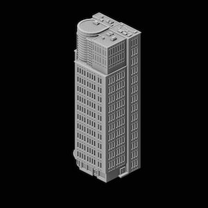 Op de afbeelding: Een grijs, modern, hoog gebouw met een plat dak en een klein, rond dakopbouw.