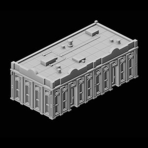 Puede incluir: Un modelo gris de un edificio con un techo plano y muchas ventanas. El techo tiene un patrón de cuadrícula y varios detalles rectangulares pequeños.