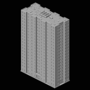 Op de afbeelding: Een grijs, meerverdiepings appartementencomplex met veel ramen. Het gebouw heeft een plat dak met een paar kleine structuren op het dak.