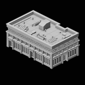 Op de afbeelding: Een grijs 3D-model van een gebouw met een gedetailleerde gevel en dak. Het gebouw heeft sierlijke architectonische details, waaronder decoratieve versieringen en meerdere ramen. Het dak heeft verschillende structuren en ventilatieopeningen.