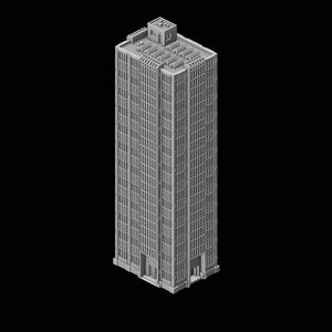 May include: A gray, rectangular building with many windows. The building is tall and narrow, with a flat roof.