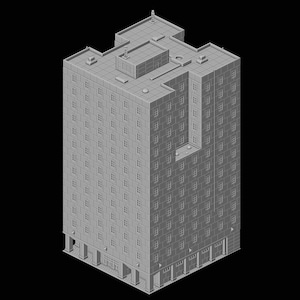 Op de afbeelding: Een grijs, meerverdiepingsgebouw met een plat dak en veel ramen. Het gebouw is gerenderd in een 3D-isometrische stijl.