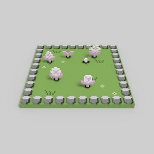 Puede incluir: Un jardín verde pixelado con un borde de piedra gris. Hay cinco flores rosas y blancas con hojas verdes que crecen en el jardín.