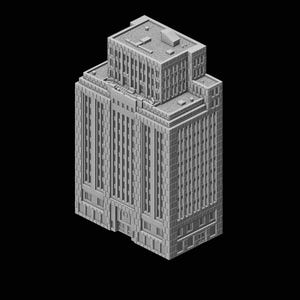 Op de afbeelding: Een grijs architectonisch model van een hoog gebouw met een trapsgewijs ontwerp. Het gebouw heeft meerdere verdiepingen, gedetailleerde ramen en een plat dak. Het model staat tegen een zwarte achtergrond.