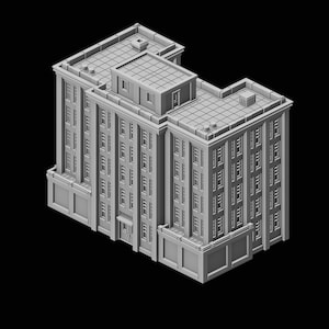 Op de afbeelding: Een grijs, meerverdiepingsgebouw met een plat dak en veel ramen. Het gebouw heeft een eenvoudig ontwerp met een rechthoekige vorm en een licht hellend dak.