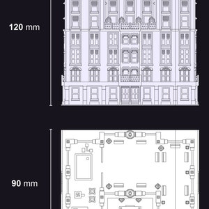 K&ouml;nnte beinhalten: Eine Schwarzwei&szlig;-Zeichnung eines Geb&auml;udes mit einer detaillierten Fassade. Das Geb&auml;ude ist 120 mm hoch und 110 mm breit. Die Zeichnung zeigt das &Auml;u&szlig;ere des Geb&auml;udes, einschlie&szlig;lich der Fenster, T&uuml;ren und des Daches.