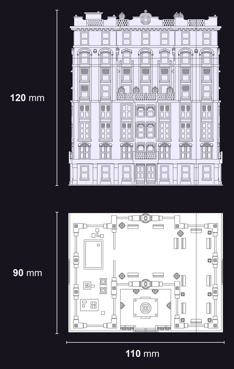 K&ouml;nnte beinhalten: Eine Schwarzwei&szlig;-Zeichnung eines Geb&auml;udes mit einer detaillierten Fassade. Das Geb&auml;ude ist 120 mm hoch und 110 mm breit. Die Zeichnung zeigt das &Auml;u&szlig;ere des Geb&auml;udes, einschlie&szlig;lich der Fenster, T&uuml;ren und des Daches.