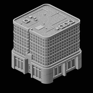 Op de afbeelding: Een grijs, rechthoekig gebouw met een plat dak en veel ramen. Het gebouw heeft een licht afgeronde hoek en een kleine ingang aan de voorkant.