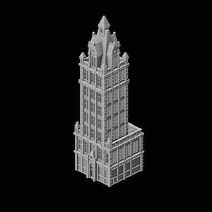 Może przedstawiać: Szczegółowy model 3D wysokiego, szarego budynku z ostrym dachem i wieloma oknami. Budynek ma ozdobną fasadę z misternymi detalami.