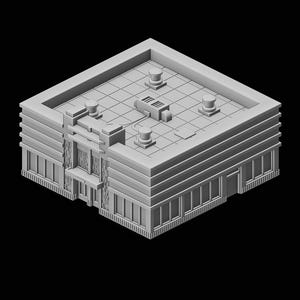 Op de afbeelding: Een grijs, meerlaags gebouw met een plat dak. Het dak heeft een betegeld patroon en verschillende ventilatieopeningen en pijpen. Het gebouw heeft een reeks ramen en een deur aan de voorkant.