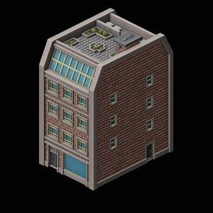Op de afbeelding: Isometrisch aanzicht van een bakstenen gebouw met meerdere verdiepingen en een plat dak. Het gebouw heeft meerdere ramen, een glazen winkelpui en een daktuin. De achtergrond is zwart.