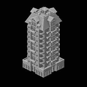 Op de afbeelding: Gedetailleerd 3D-model van een gebouw met meerdere verdiepingen, balkons en een complex dakontwerp, weergegeven in grijstinten. Het architectuurmodel staat tegen een zwarte achtergrond, wat de kenmerken van de structuur benadrukt. Het lijkt een representatie te zijn van een residentieel of commercieel gebouw.