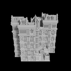 Peut inclure: Modèle 3D détaillé d'un immeuble à plusieurs étages avec une façade complexe. Le bâtiment a de nombreuses fenêtres, une tour centrale et un escalier menant à un niveau supérieur.