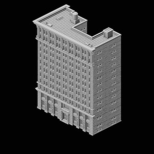 Op de afbeelding: Een grijs, gedetailleerd model van een gebouw met meerdere verdiepingen, een plat dak en talrijke ramen. Het gebouw heeft een klassiek architectonisch ontwerp, met decoratieve elementen op de gevel. Het model staat tegen een zwarte achtergrond.