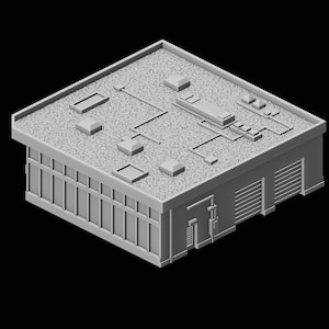 Op de afbeelding: Een grijs, rechthoekig gebouw met een plat dak en een garagedeur. Het dak heeft verschillende ventilatieopeningen en andere details.