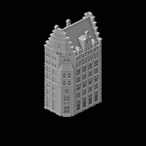 Op de afbeelding: Een gedetailleerd 3D-model van een grijs, meerverdiepingsgebouw met een complexe gevel en een zadeldak.