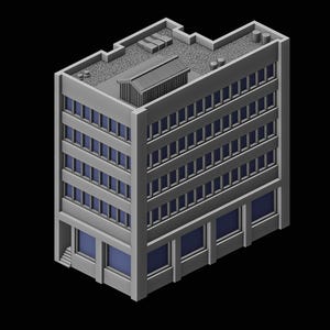 May include: Isometric view of a gray multi-story building with blue-tinted windows. The building has a flat roof with a small structure and a textured surface. The building is set against a black background.